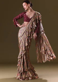 Maroon Printed Pre Stitched Frill Saree With Sequence Blouse