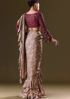 Maroon Printed Pre Stitched Frill Saree With Sequence Blouse