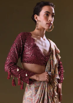 Maroon Printed Pre Stitched Frill Saree With Sequence Blouse