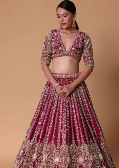 Maroon Raw Silk 16 Kali Zardozi Lehenga Set With Two Dupattas