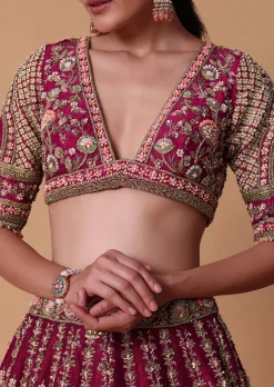 Maroon Raw Silk 16 Kali Zardozi Lehenga Set With Two Dupattas