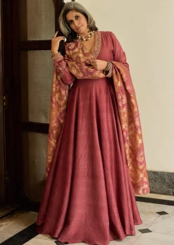 Maroon Raw Silk Embroidered Anarkali With Printed Dupatta
