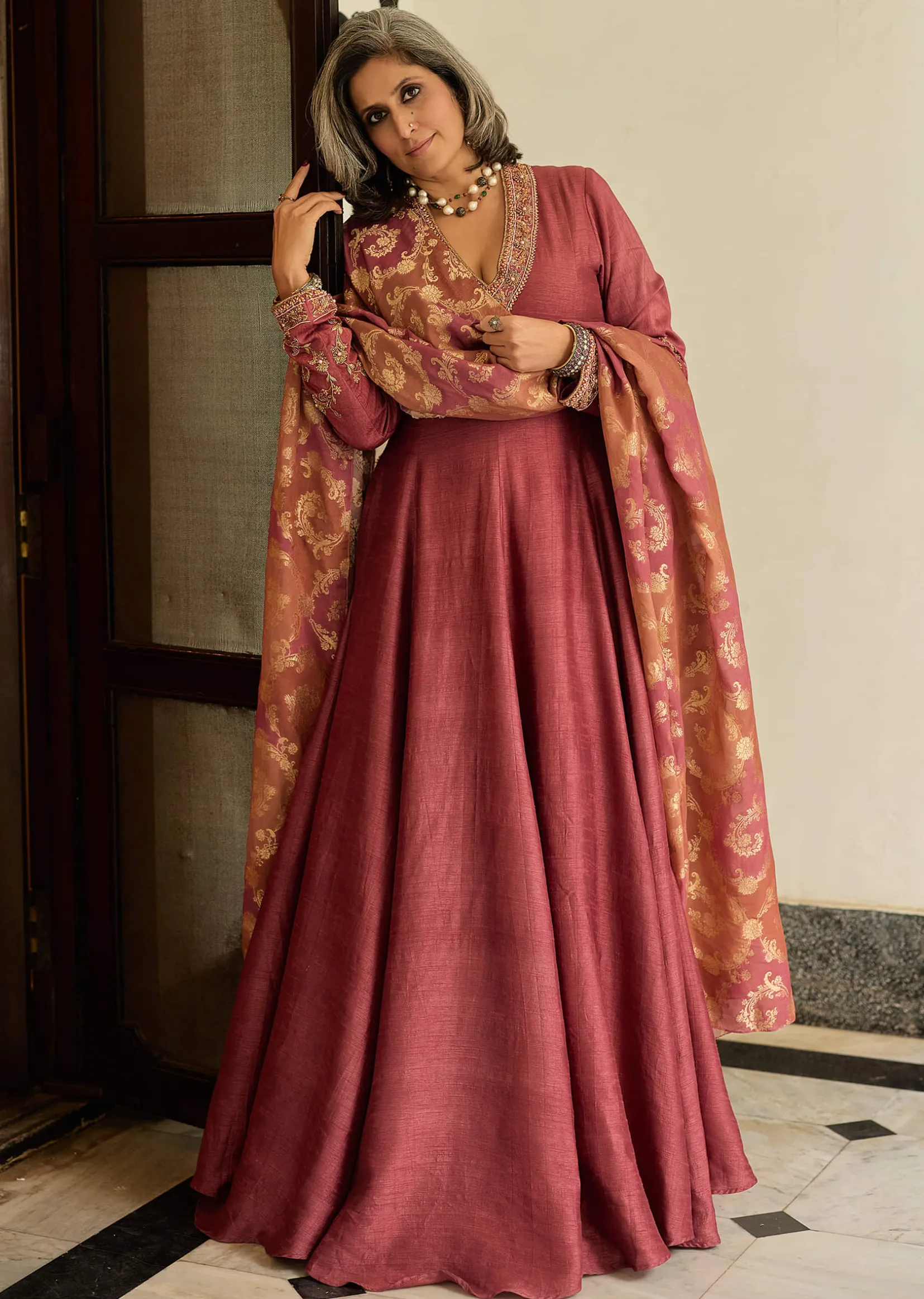 Maroon Raw Silk Embroidered Anarkali With Printed Dupatta