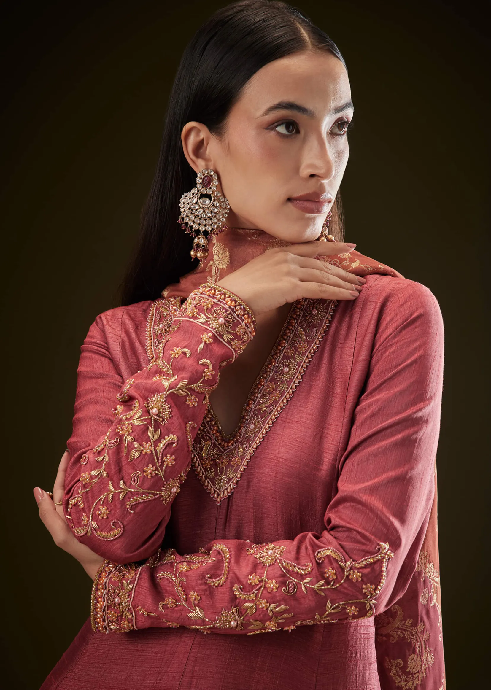 Maroon Raw Silk Embroidered Anarkali With Printed Dupatta