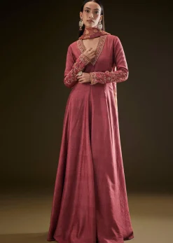Maroon Raw Silk Embroidered Anarkali With Printed Dupatta