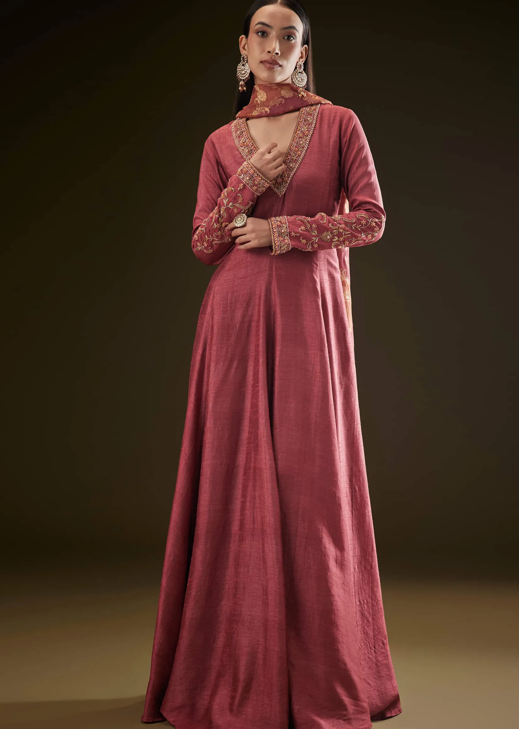 Maroon Raw Silk Embroidered Anarkali With Printed Dupatta