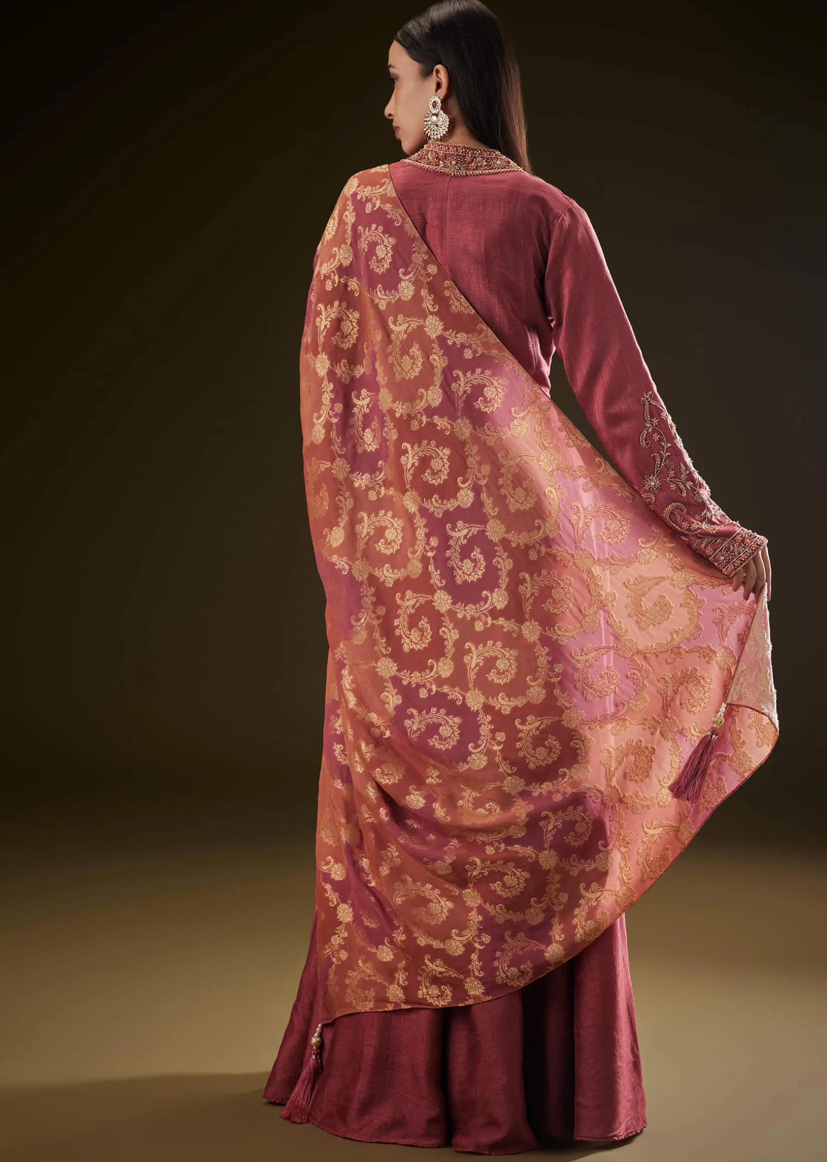 Maroon Raw Silk Embroidered Anarkali With Printed Dupatta