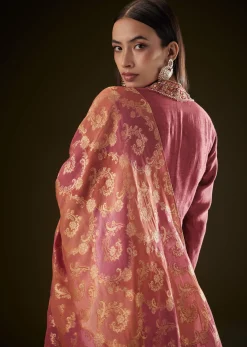 Maroon Raw Silk Embroidered Anarkali With Printed Dupatta