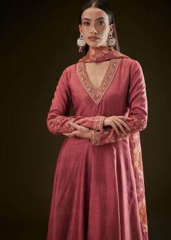 Maroon Raw Silk Embroidered Anarkali With Printed Dupatta