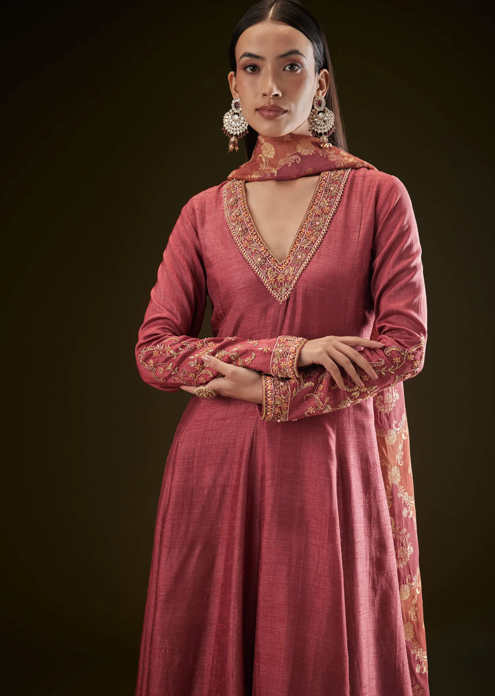 Maroon Raw Silk Embroidered Anarkali With Printed Dupatta