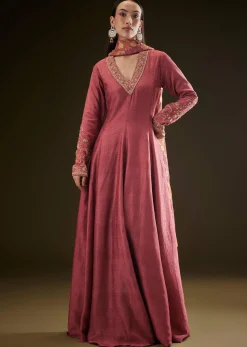 Maroon Raw Silk Embroidered Anarkali With Printed Dupatta