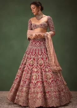Maroon Raw Silk Hand Embroidered Bridal Lehenga With Two Dupattas