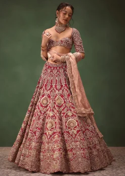 Maroon Raw Silk Hand Embroidered Bridal Lehenga With Two Dupattas