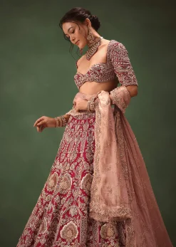 Maroon Raw Silk Hand Embroidered Bridal Lehenga With Two Dupattas