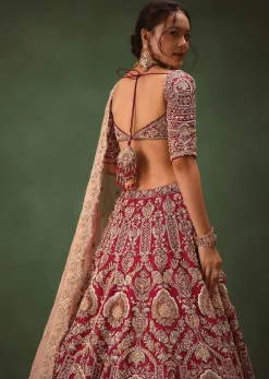 Maroon Raw Silk Hand Embroidered Bridal Lehenga With Two Dupattas