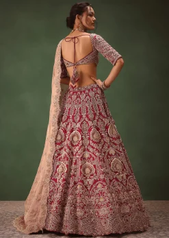 Maroon Raw Silk Hand Embroidered Bridal Lehenga With Two Dupattas