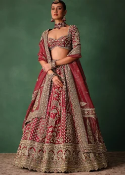 Maroon Raw Silk Hand Embroidered Lehenga Set With Tissue Dupatta
