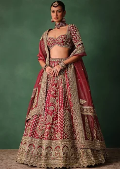 Maroon Raw Silk Hand Embroidered Lehenga Set With Tissue Dupatta