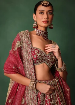 Maroon Raw Silk Hand Embroidered Lehenga Set With Tissue Dupatta
