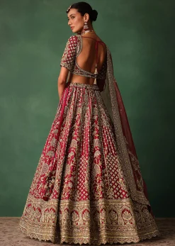 Maroon Raw Silk Hand Embroidered Lehenga Set With Tissue Dupatta
