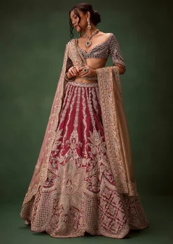 Maroon Raw Silk Lotus Embroidered Kali Lehenga Dupatta Set