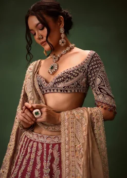 Maroon Raw Silk Lotus Embroidered Kali Lehenga Dupatta Set