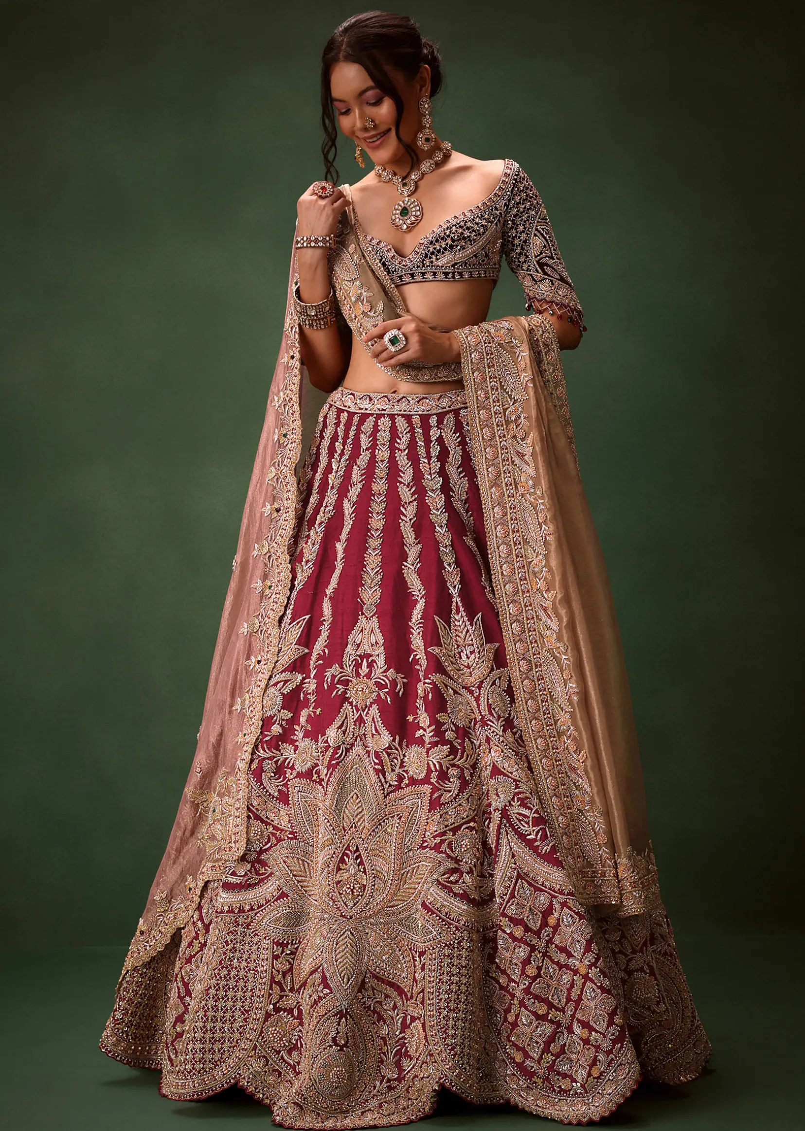 Maroon Raw Silk Lotus Embroidered Kali Lehenga Dupatta Set