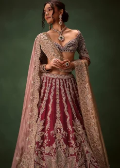 Maroon Raw Silk Lotus Embroidered Kali Lehenga Dupatta Set