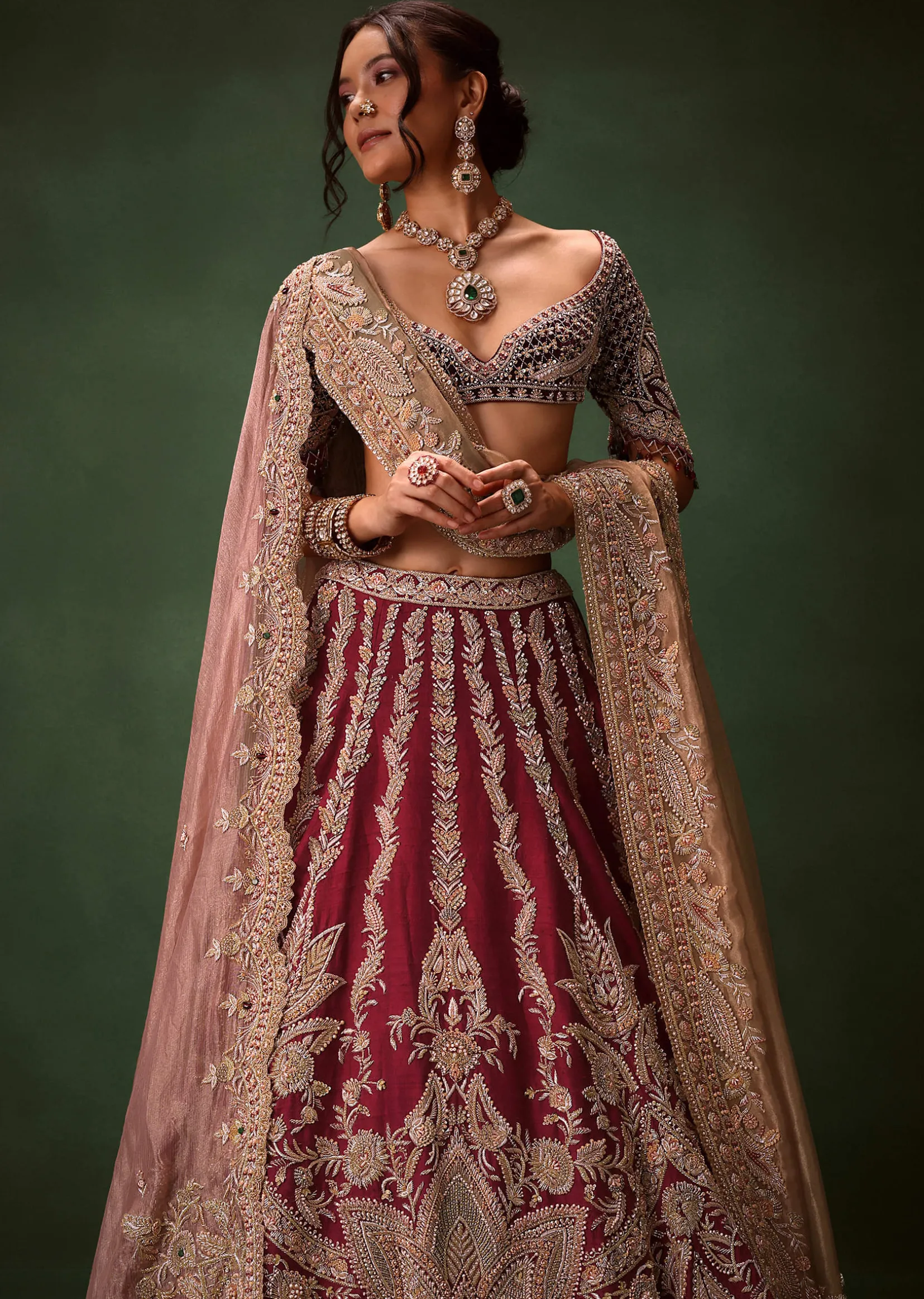 Maroon Raw Silk Lotus Embroidered Kali Lehenga Dupatta Set