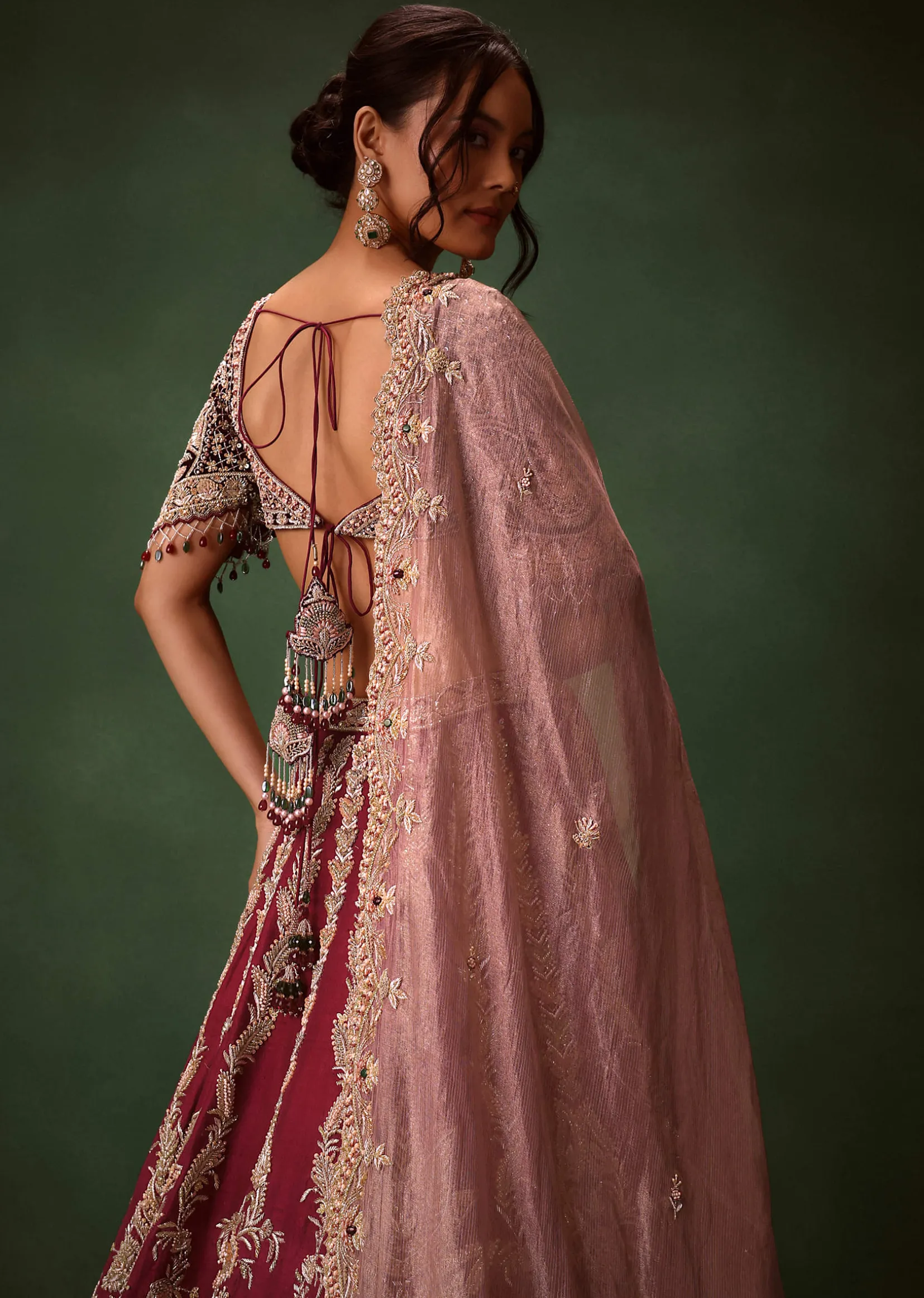 Maroon Raw Silk Lotus Embroidered Kali Lehenga Dupatta Set