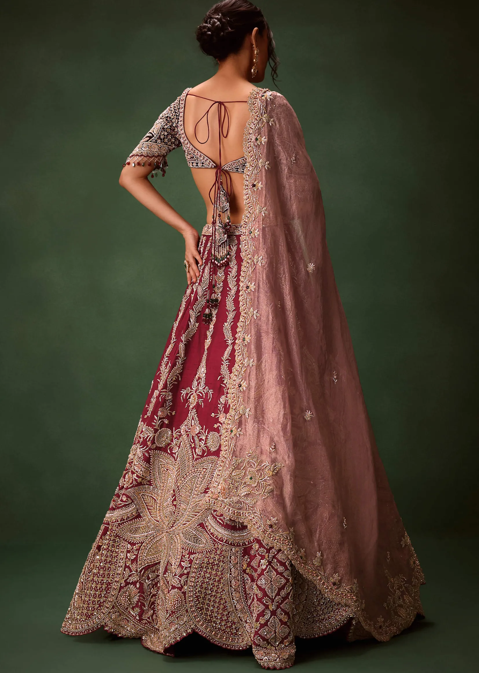Maroon Raw Silk Lotus Embroidered Kali Lehenga Dupatta Set