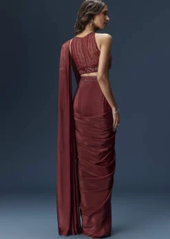 Maroon Ready Pleated Saree With High Neck Blouse