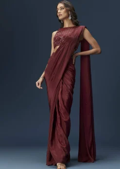 Maroon Ready Pleated Saree With High Neck Blouse