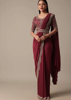 Maroon Readymade Saree With Embellished Blouse