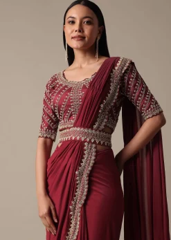Maroon Readymade Saree With Embellished Blouse