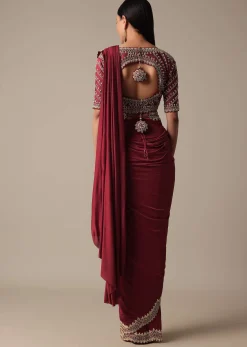 Maroon Readymade Saree With Embellished Blouse