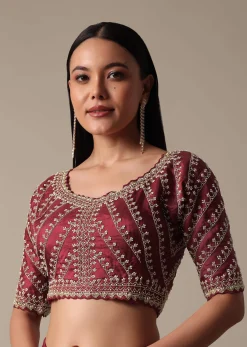 Maroon Readymade Saree With Embellished Blouse