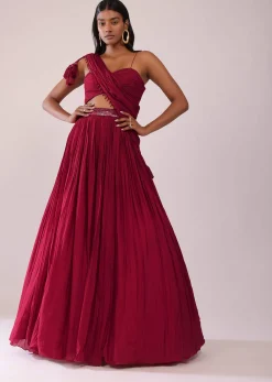 Maroon Red Chiffon Lehenga Blouse Set With One Side Shoulder Drape