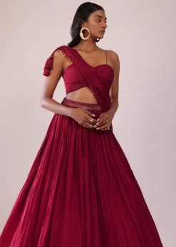 Maroon Red Chiffon Lehenga Blouse Set With One Side Shoulder Drape
