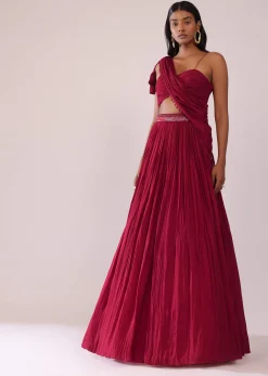 Maroon Red Chiffon Lehenga Blouse Set With One Side Shoulder Drape