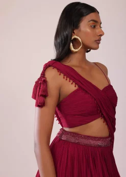 Maroon Red Chiffon Lehenga Blouse Set With One Side Shoulder Drape