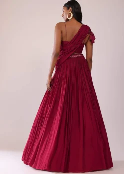 Maroon Red Chiffon Lehenga Blouse Set With One Side Shoulder Drape
