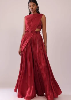 Maroon Red Satin Rushing Palazzo And Bustier Set With Draped Cape