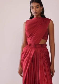 Maroon Red Satin Rushing Palazzo And Bustier Set With Draped Cape