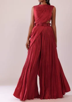 Maroon Red Satin Rushing Palazzo And Bustier Set With Draped Cape