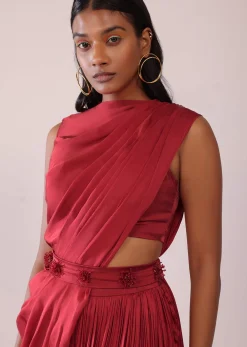 Maroon Red Satin Rushing Palazzo And Bustier Set With Draped Cape