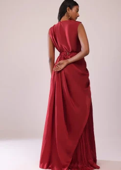 Maroon Red Satin Rushing Palazzo And Bustier Set With Draped Cape