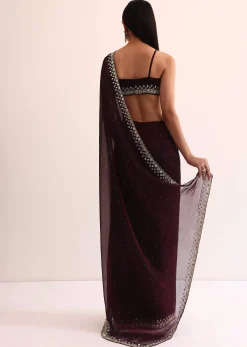 Maroon Red Satin Saree With Mirror Embroidery And Unstitched Blouse
