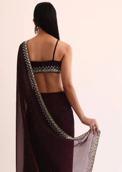 Maroon Red Satin Saree With Mirror Embroidery And Unstitched Blouse