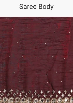 Maroon Red Satin Saree With Mirror Embroidery And Unstitched Blouse